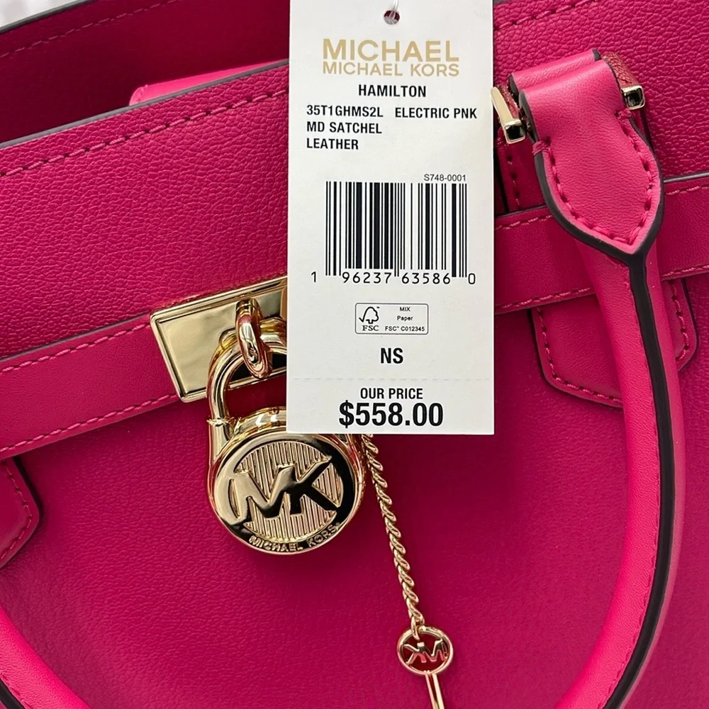 Michael Kors Hamilton Medium Leather Satchel Electric Pink NWT